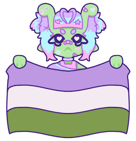 A green alien with a sour expression holding the genderqueer flag
